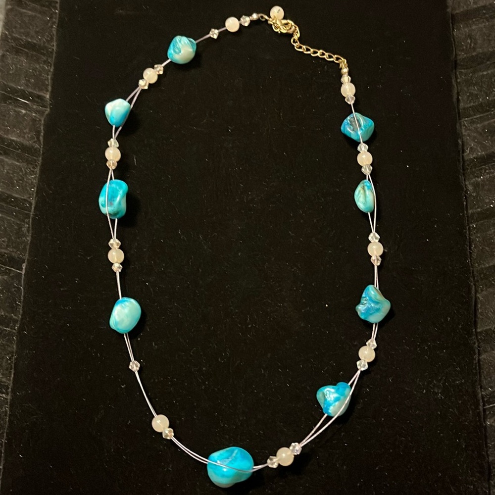 Blue, Silver, & Cream Beaded Wire Necklace